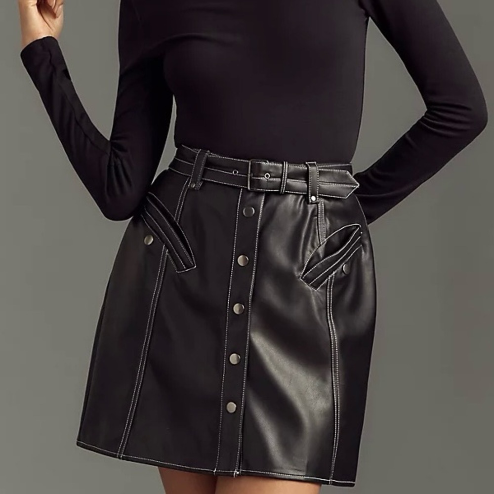 Anthropologie | Maeve Faux-Leather Button-Front Belted Mini Skirt